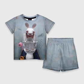Детский костюм с шортами 3D с принтом Кролик с газетой в Кировске,  |  | Тематика изображения на принте: rabbids | вантуз | горшок | зайцы засранцы | заяц | туалет
