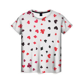 Женская футболка 3D с принтом Карточные масти в Кировске, 100% полиэфир ( синтетическое хлопкоподобное полотно) | прямой крой, круглый вырез горловины, длина до линии бедер | бубны | казино | карты | крести | пики | покер | туз | червы