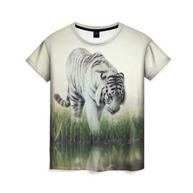 Женская футболка 3D с принтом Белый тигр в Кировске, 100% полиэфир ( синтетическое хлопкоподобное полотно) | прямой крой, круглый вырез горловины, длина до линии бедер | дикая кошка | природа | тигр | хищник