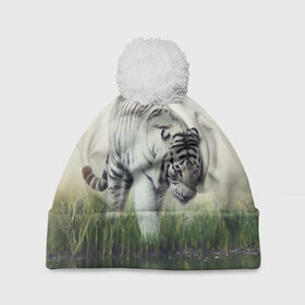 Шапка 3D c помпоном с принтом Белый тигр в Кировске, 100% полиэстер | универсальный размер, печать по всей поверхности изделия | дикая кошка | природа | тигр | хищник