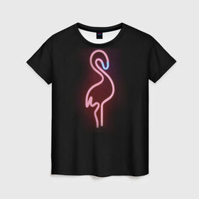 Женская футболка 3D с принтом Светящийся фламинго в Кировске, 100% полиэфир ( синтетическое хлопкоподобное полотно) | прямой крой, круглый вырез горловины, длина до линии бедер | неон | птицы | фламинго
