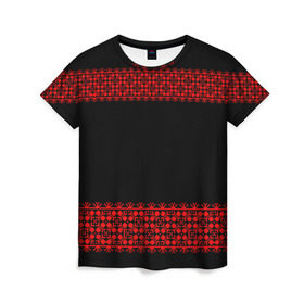 Женская футболка 3D с принтом Славянский орнамент (на чёрном) в Кировске, 100% полиэфир ( синтетическое хлопкоподобное полотно) | прямой крой, круглый вырез горловины, длина до линии бедер | орнамент | россия | славяне | узор