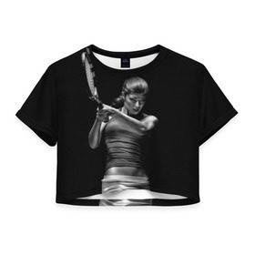 Женская футболка 3D укороченная с принтом Всемирный теннис в Кировске, 100% полиэстер | круглая горловина, длина футболки до линии талии, рукава с отворотами | мяч | новинки | ракетка | спорт | теннис | удар