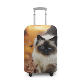 Чехол для чемодана 3D с принтом Котик в листьях в Кировске, 86% полиэфир, 14% спандекс | двустороннее нанесение принта, прорези для ручек и колес | грация | кот | котик | кошка | листья | осень