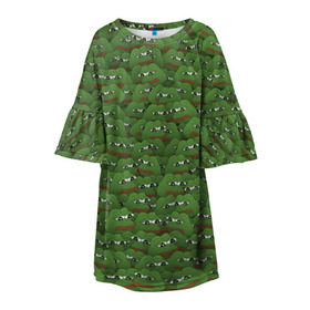 Детское платье 3D с принтом Грустные лягушки в Кировске, 100% полиэстер | прямой силуэт, чуть расширенный к низу. Круглая горловина, на рукавах — воланы | frog | mem | sad | мем