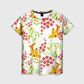 Женская футболка 3D с принтом Хохлома 3 в Кировске, 100% полиэфир ( синтетическое хлопкоподобное полотно) | прямой крой, круглый вырез горловины, длина до линии бедер | 