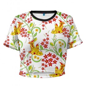 Женская футболка 3D укороченная с принтом Хохлома 3 в Кировске, 100% полиэстер | круглая горловина, длина футболки до линии талии, рукава с отворотами | 