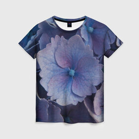 Женская футболка 3D с принтом Синие цветочки в Кировске, 100% полиэфир ( синтетическое хлопкоподобное полотно) | прямой крой, круглый вырез горловины, длина до линии бедер | синий | сиреневый | цветок | цветы