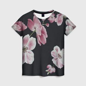 Женская футболка 3D с принтом Цветы на черном фоне в Кировске, 100% полиэфир ( синтетическое хлопкоподобное полотно) | прямой крой, круглый вырез горловины, длина до линии бедер | растения | стиль | цветы