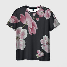 Мужская футболка 3D с принтом Цветы на черном фоне в Кировске, 100% полиэфир | прямой крой, круглый вырез горловины, длина до линии бедер | Тематика изображения на принте: растения | стиль | цветы