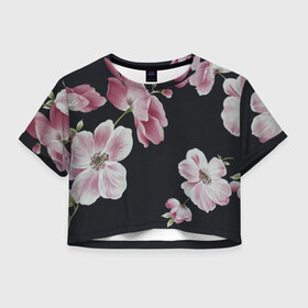 Женская футболка 3D укороченная с принтом Цветы на черном фоне в Кировске, 100% полиэстер | круглая горловина, длина футболки до линии талии, рукава с отворотами | Тематика изображения на принте: растения | стиль | цветы