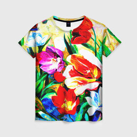 Женская футболка 3D с принтом Тюльпаны в Кировске, 100% полиэфир ( синтетическое хлопкоподобное полотно) | прямой крой, круглый вырез горловины, длина до линии бедер | букет | цветы | яркие
