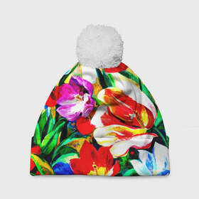 Шапка 3D c помпоном с принтом Тюльпаны в Кировске, 100% полиэстер | универсальный размер, печать по всей поверхности изделия | букет | цветы | яркие