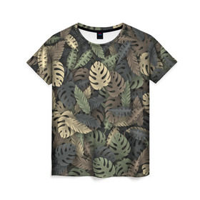Женская футболка 3D с принтом Тропический камуфляж в Кировске, 100% полиэфир ( синтетическое хлопкоподобное полотно) | прямой крой, круглый вырез горловины, длина до линии бедер | джунгли | камуфляж | листья | милитари | монстера | пальма | природа