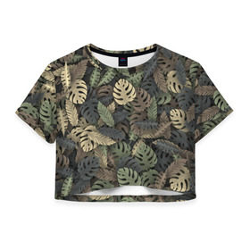 Женская футболка 3D укороченная с принтом Тропический камуфляж в Кировске, 100% полиэстер | круглая горловина, длина футболки до линии талии, рукава с отворотами | джунгли | камуфляж | листья | милитари | монстера | пальма | природа