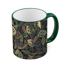 Кружка 3D с принтом Тропический камуфляж в Кировске, керамика | ёмкость 330 мл | Тематика изображения на принте: джунгли | камуфляж | листья | милитари | монстера | пальма | природа