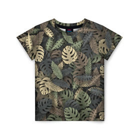 Детская футболка 3D с принтом Тропический камуфляж в Кировске, 100% гипоаллергенный полиэфир | прямой крой, круглый вырез горловины, длина до линии бедер, чуть спущенное плечо, ткань немного тянется | джунгли | камуфляж | листья | милитари | монстера | пальма | природа