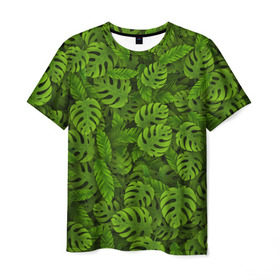 Мужская футболка 3D с принтом Тропические листья в Кировске, 100% полиэфир | прямой крой, круглый вырез горловины, длина до линии бедер | джунгли | монстера | пальма | растения | тропики