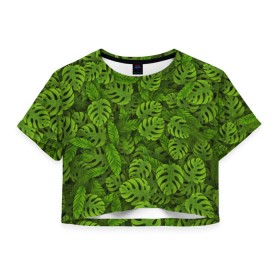Женская футболка 3D укороченная с принтом Тропические листья в Кировске, 100% полиэстер | круглая горловина, длина футболки до линии талии, рукава с отворотами | джунгли | монстера | пальма | растения | тропики