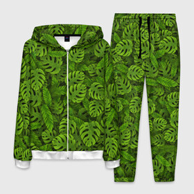 Мужской костюм 3D с принтом Тропические листья в Кировске, 100% полиэстер | Манжеты и пояс оформлены тканевой резинкой, двухслойный капюшон со шнурком для регулировки, карманы спереди | джунгли | монстера | пальма | растения | тропики