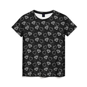 Женская футболка 3D с принтом Сердца и Алмазы в Кировске, 100% полиэфир ( синтетическое хлопкоподобное полотно) | прямой крой, круглый вырез горловины, длина до линии бедер | бриллианты | паттерн | сердечки | черный фон