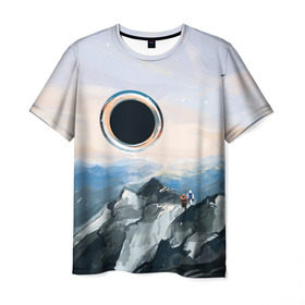 Мужская футболка 3D с принтом Черная дыра в Кировске, 100% полиэфир | прямой крой, круглый вырез горловины, длина до линии бедер | Тематика изображения на принте: горы | закат | пейзаж | природа