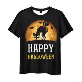 Мужская футболка 3D с принтом Чёрный кот в Кировске, 100% полиэфир | прямой крой, круглый вырез горловины, длина до линии бедер | halloween | ведьма | кошка | праздник | привидение | тыква | хэллоуин