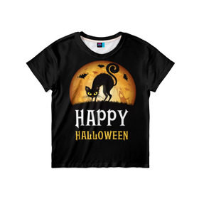 Детская футболка 3D с принтом Чёрный кот в Кировске, 100% гипоаллергенный полиэфир | прямой крой, круглый вырез горловины, длина до линии бедер, чуть спущенное плечо, ткань немного тянется | halloween | ведьма | кошка | праздник | привидение | тыква | хэллоуин