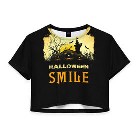 Женская футболка 3D укороченная с принтом Smile в Кировске, 100% полиэстер | круглая горловина, длина футболки до линии талии, рукава с отворотами | halloween | замок | летучая мышь | луна | праздник | привидение | тыква | хэллоуин