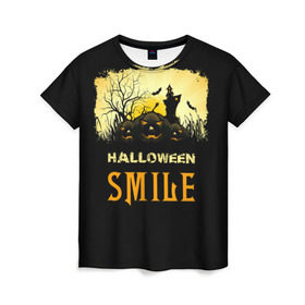 Женская футболка 3D с принтом Smile в Кировске, 100% полиэфир ( синтетическое хлопкоподобное полотно) | прямой крой, круглый вырез горловины, длина до линии бедер | halloween | замок | летучая мышь | луна | праздник | привидение | тыква | хэллоуин