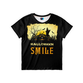 Детская футболка 3D с принтом Smile в Кировске, 100% гипоаллергенный полиэфир | прямой крой, круглый вырез горловины, длина до линии бедер, чуть спущенное плечо, ткань немного тянется | Тематика изображения на принте: halloween | замок | летучая мышь | луна | праздник | привидение | тыква | хэллоуин