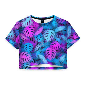 Женская футболка 3D укороченная с принтом Сине-розовые тропики в Кировске, 100% полиэстер | круглая горловина, длина футболки до линии талии, рукава с отворотами | джунгли | листья | монстера | пальма | психоделический | текстура | тропики