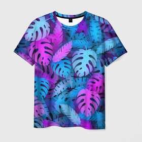 Мужская футболка 3D с принтом Сине-розовые тропики в Кировске, 100% полиэфир | прямой крой, круглый вырез горловины, длина до линии бедер | Тематика изображения на принте: джунгли | листья | монстера | пальма | психоделический | текстура | тропики