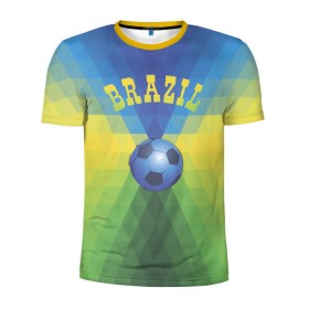 Мужская футболка 3D спортивная с принтом Бразилия в Кировске, 100% полиэстер с улучшенными характеристиками | приталенный силуэт, круглая горловина, широкие плечи, сужается к линии бедра | Тематика изображения на принте: бразилия | геометрия | игра | кубок | мяч | полигональный | спорт | футбол