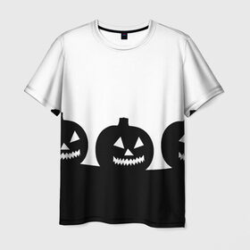 Мужская футболка 3D с принтом Хэллоуин в Кировске, 100% полиэфир | прямой крой, круглый вырез горловины, длина до линии бедер | монохромный | силуэт | тыквы
