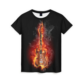Женская футболка 3D с принтом Адская гитара в Кировске, 100% полиэфир ( синтетическое хлопкоподобное полотно) | прямой крой, круглый вырез горловины, длина до линии бедер | ад | арт | дым | музыка | новинки | огонь | пламя | популярные | энергия | яркие