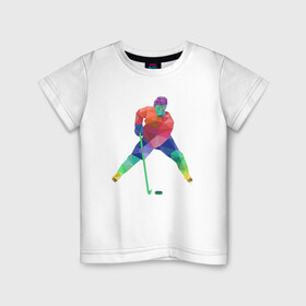 Детская футболка хлопок с принтом Хоккеист в Кировске, 100% хлопок | круглый вырез горловины, полуприлегающий силуэт, длина до линии бедер | геометрия | клюшка | полигонал | хл | хоккеист | шайба