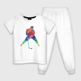 Детская пижама хлопок с принтом Хоккеист в Кировске, 100% хлопок |  брюки и футболка прямого кроя, без карманов, на брюках мягкая резинка на поясе и по низу штанин
 | геометрия | клюшка | полигонал | хл | хоккеист | шайба