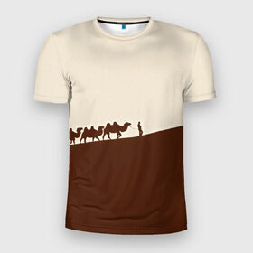 Мужская футболка 3D спортивная с принтом Пустыня в Кировске, 100% полиэстер с улучшенными характеристиками | приталенный силуэт, круглая горловина, широкие плечи, сужается к линии бедра | верблюды | коричневый