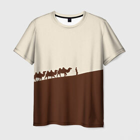 Мужская футболка 3D с принтом Пустыня в Кировске, 100% полиэфир | прямой крой, круглый вырез горловины, длина до линии бедер | верблюды | коричневый