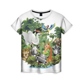 Женская футболка 3D с принтом Веселые джунгли в Кировске, 100% полиэфир ( синтетическое хлопкоподобное полотно) | прямой крой, круглый вырез горловины, длина до линии бедер | животные | зоо | новинки | пальма | парк | яркие