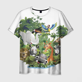 Мужская футболка 3D с принтом Веселые джунгли в Кировске, 100% полиэфир | прямой крой, круглый вырез горловины, длина до линии бедер | животные | зоо | новинки | пальма | парк | яркие