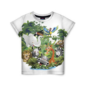 Детская футболка 3D с принтом Веселые джунгли в Кировске, 100% гипоаллергенный полиэфир | прямой крой, круглый вырез горловины, длина до линии бедер, чуть спущенное плечо, ткань немного тянется | Тематика изображения на принте: животные | зоо | новинки | пальма | парк | яркие