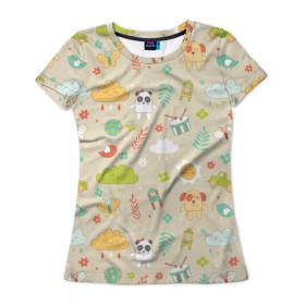 Женская футболка 3D с принтом Детский узор в Кировске, 100% полиэфир ( синтетическое хлопкоподобное полотно) | прямой крой, круглый вырез горловины, длина до линии бедер | бабочка | панда | паттерн | светлый | щенок