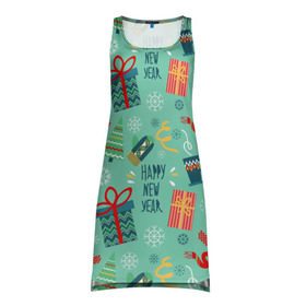 Платье-майка 3D с принтом Новый год от new.art.fox в Кировске, 100% полиэстер | полуприлегающий силуэт, широкие бретели, круглый вырез горловины, удлиненный подол сзади. | бирюзовый | новогодний | паттерн | подарки | рождество