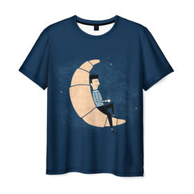 Мужская футболка 3D с принтом Ле круасан в Кировске, 100% полиэфир | прямой крой, круглый вырез горловины, длина до линии бедер | кофе | круасан | месяц | ночь | париж | франция | француз