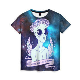Женская футболка 3D с принтом cute alien в Кировске, 100% полиэфир ( синтетическое хлопкоподобное полотно) | прямой крой, круглый вырез горловины, длина до линии бедер | alien. нло | cosmos | cute | sky | tmblr | tumbler | инопланетянин | космос | мило