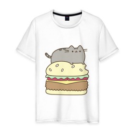 Мужская футболка хлопок с принтом Котик с бургером в Кировске, 100% хлопок | прямой крой, круглый вырез горловины, длина до линии бедер, слегка спущенное плечо. | бургер | еда | животные | кот
