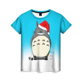 Женская футболка 3D с принтом Тоторо под снегом в Кировске, 100% полиэфир ( синтетическое хлопкоподобное полотно) | прямой крой, круглый вырез горловины, длина до линии бедер | totoro | аниме | новогодние аниме | новый год | рождественские аниме | тоторо