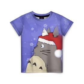 Детская футболка 3D с принтом Тоторо и снег в Кировске, 100% гипоаллергенный полиэфир | прямой крой, круглый вырез горловины, длина до линии бедер, чуть спущенное плечо, ткань немного тянется | totoro | аниме | новогодние аниме | новый год | рождественские аниме | тоторо